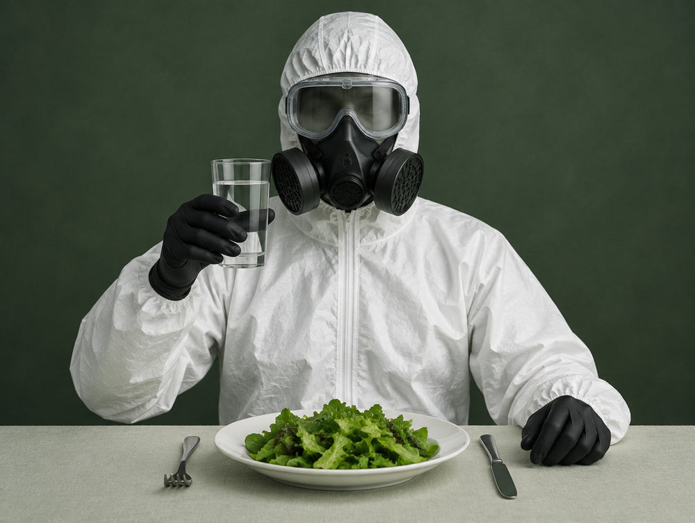 En person i hvid beskyttelsesdragt og gasmaske ved et bord med en salat, der løfter et glas vand