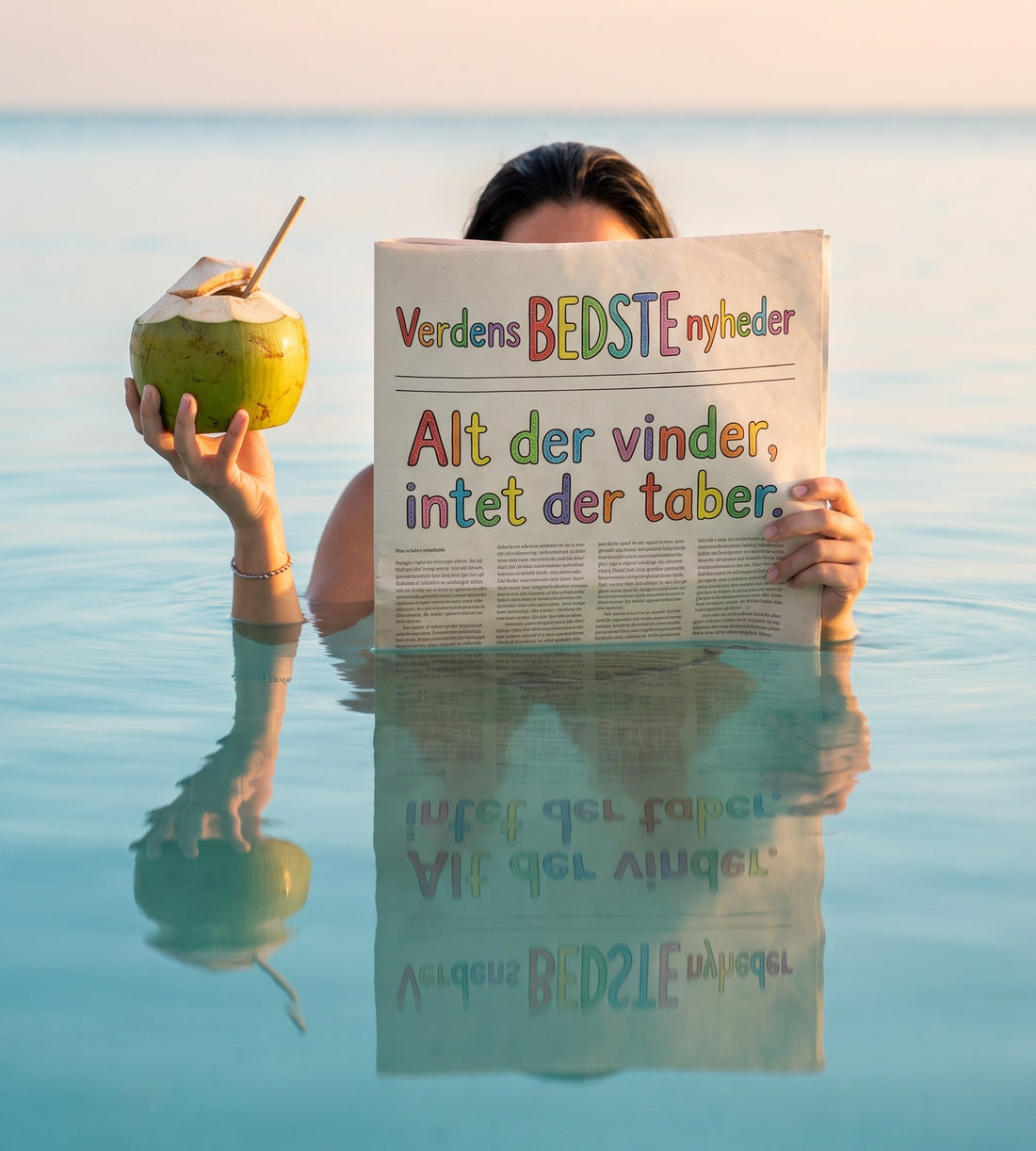Kvinde i havet med en kokosnød og avisen Verdens BEDSTE nyheder