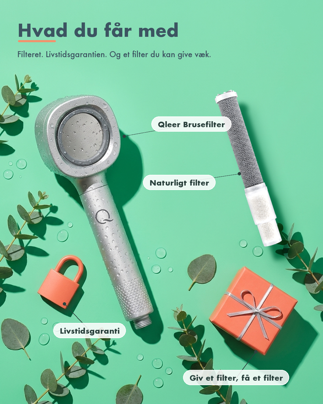 Hvad du får med: Qleer Brusefilter, det naturlige filter, livstidsgaranti og giv et filter